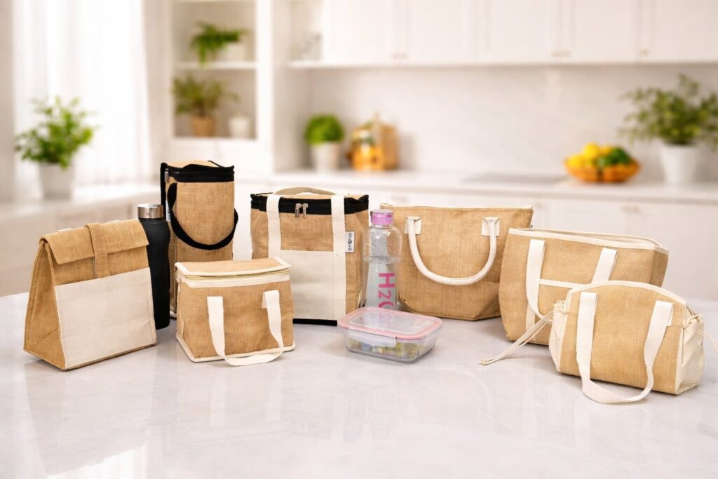 Wholesale eco-friendly insulated cooler bags with thermal jute and cotton construction for US retailers, corporate programs, and food service by Indian Crafts Supply