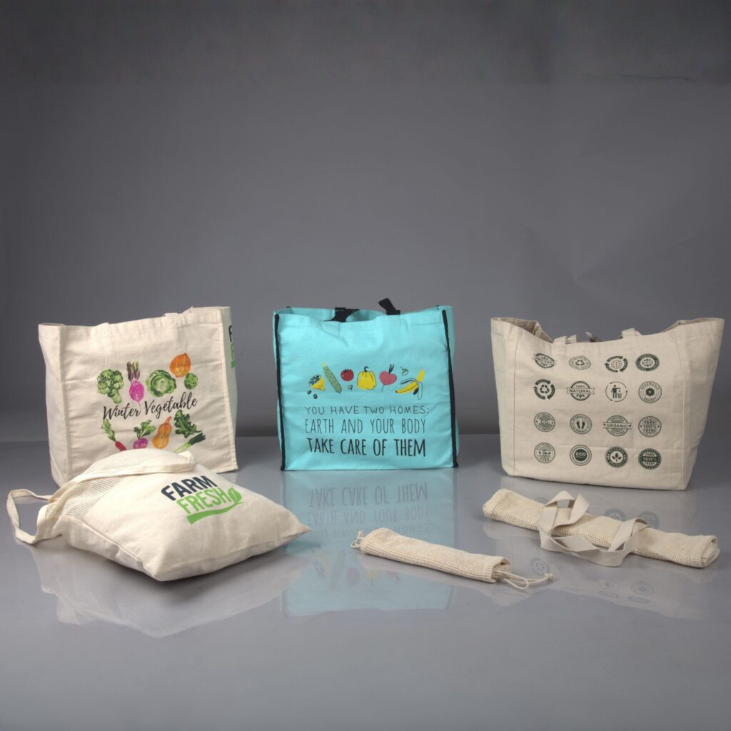 Wholesale organic cotton grocery bags for US retailers, supermarkets, grocery stores and sustainability programs by Indian Craft Supply