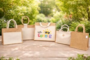 Wholesale eco-friendly natural jute bags for US retailers, grocery stores, promotional campaigns, and sustainable merchandising by Indian Crafts Supply