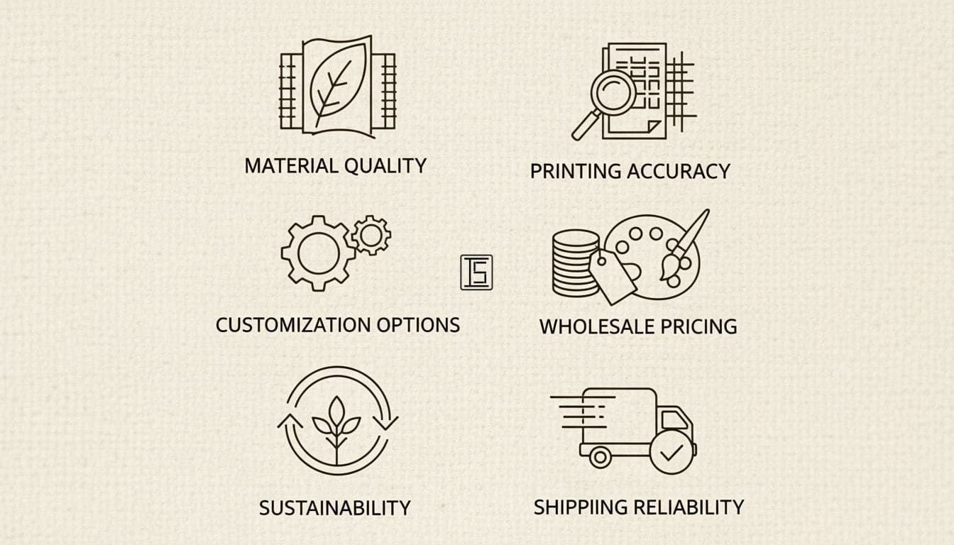 Minimal graphic showing icons for material quality, printing accuracy, customization options, wholesale pricing, sustainability, and shipping reliability for choosing custom printed jute bags.