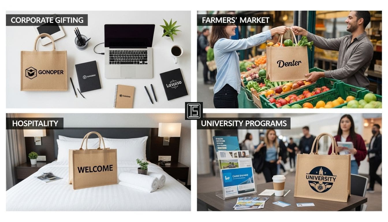 4-tile montage of custom printed jute bags used in corporate gifting, farmers’ markets, hospitality welcome kits, and university programs for wholesale jute bag buyers in the USA.
