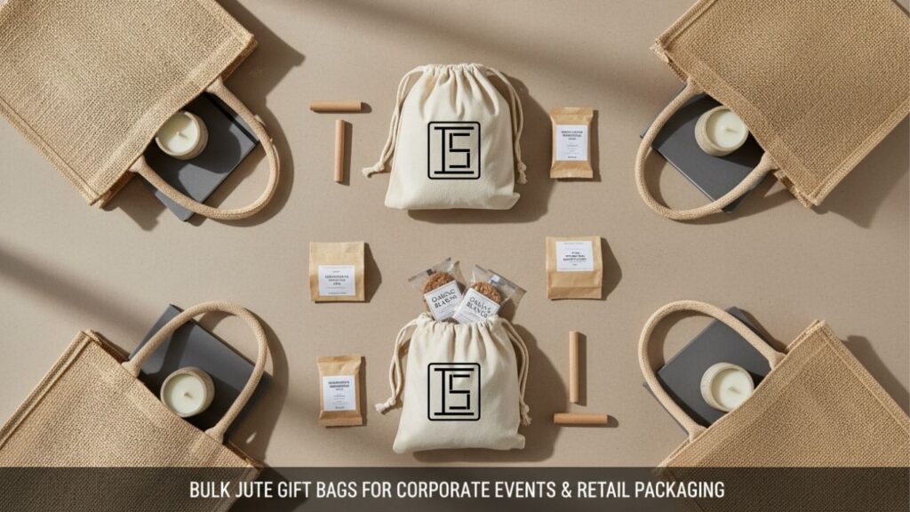 Assorted premium bulk jute gift bags used for corporate events and retail packaging displayed on a clean background
