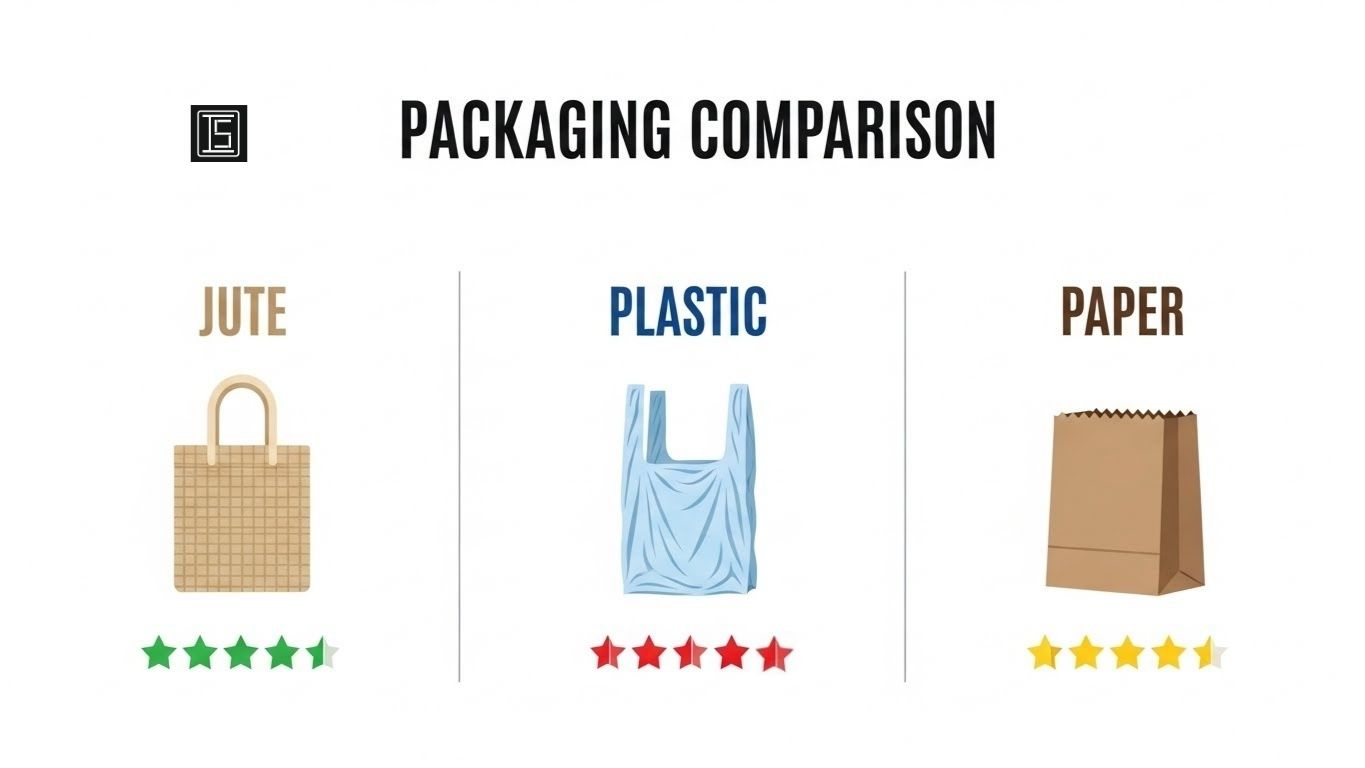 Infographic comparing jute bags vs plastic vs kraft paper for durability, sustainability, and branding