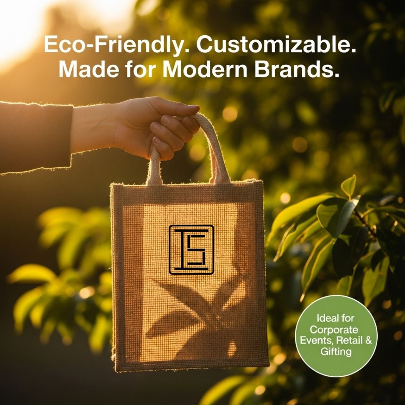 Lifestyle photo of a reusable jute gift bag promoting sustainable packaging for modern U.S. brands